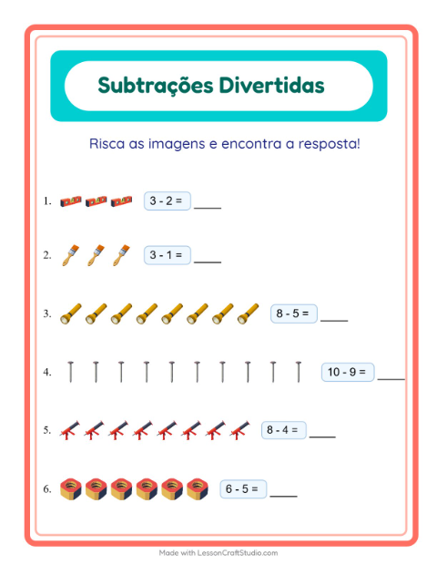 Pré-visualização da ficha de Subtração com Ferramentas para Educação infantil (pré-escola, 5-7 anos)