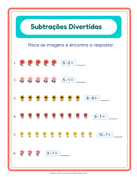 Pré-visualização da ficha de Subtração com Flores para Educação infantil (pré-escola, 5-7 anos)