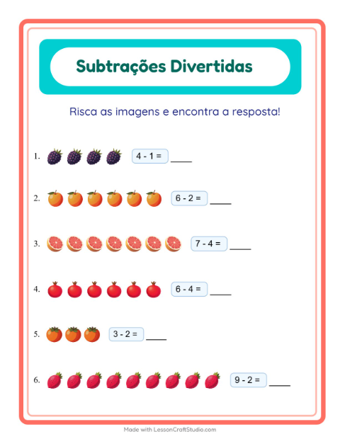 Pré-visualização da ficha de Subtração com Frutas para Educação infantil (pré-escola, 5-7 anos)