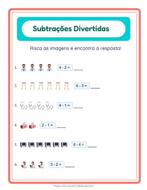 Pré-visualização da ficha de Subtração com Hospital para Educação infantil (pré-escola, 5-7 anos)