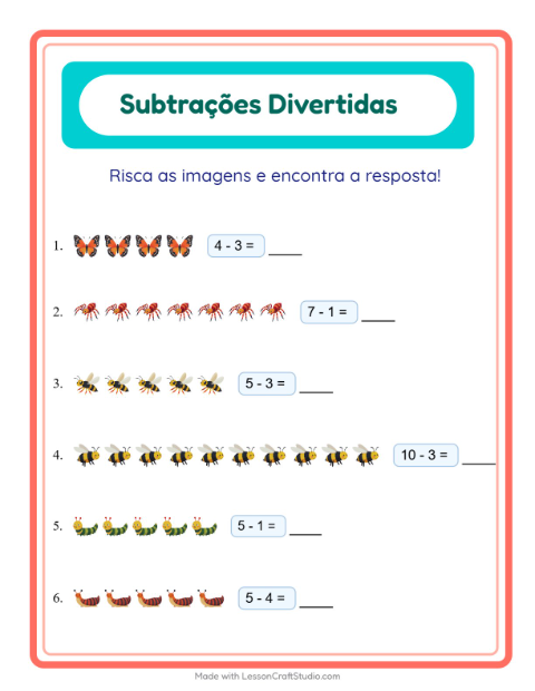 Pré-visualização da ficha de Subtração com Insetos e bichos para Educação infantil (pré-escola, 5-7 anos)