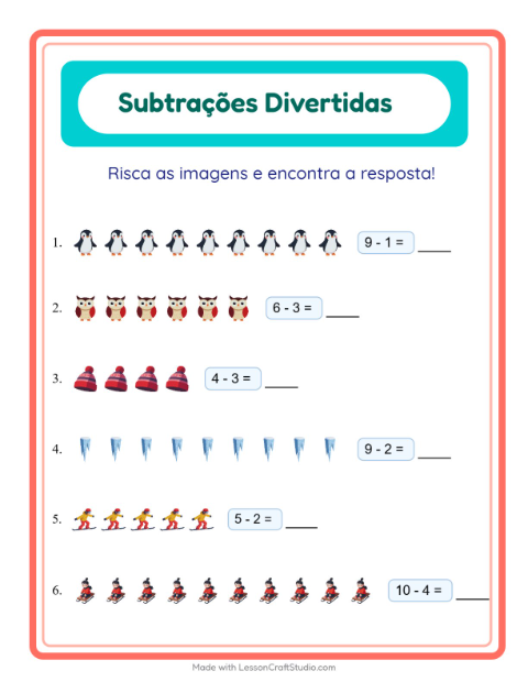 Pré-visualização da ficha de Subtração com Inverno para Educação infantil (pré-escola, 5-7 anos)
