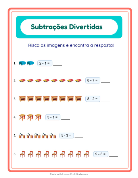 Pré-visualização da ficha de Subtração com Móveis para Educação infantil (pré-escola, 5-7 anos)
