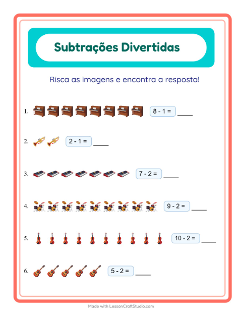 Pré-visualização da ficha de Subtração com Música para Educação infantil (pré-escola, 5-7 anos)