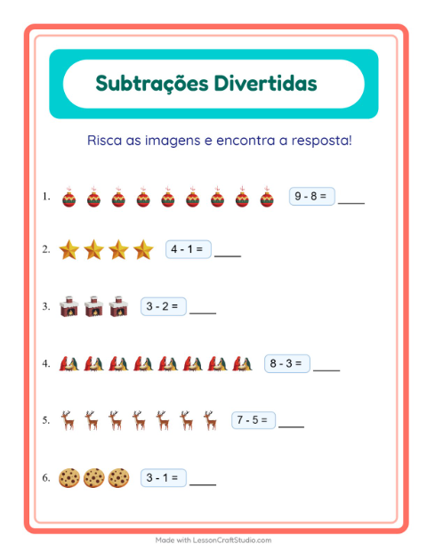 Pré-visualização da ficha de Subtração com Natal para Educação infantil (pré-escola, 5-7 anos)