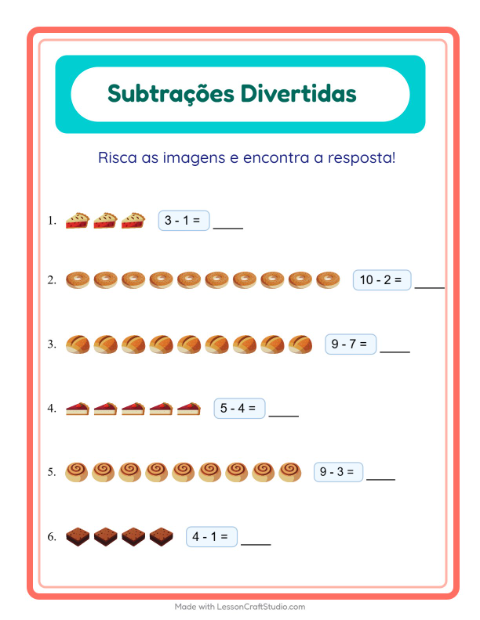 Pré-visualização da ficha de Subtração com Padaria para Educação infantil (pré-escola, 5-7 anos)