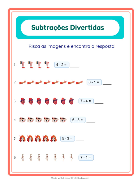 Pré-visualização da ficha de Subtração com Partes do corpo para Educação infantil (pré-escola, 5-7 anos)