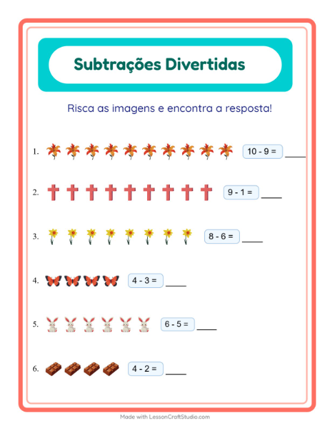 Pré-visualização da ficha de Subtração com Páscoa para Educação infantil (pré-escola, 5-7 anos)