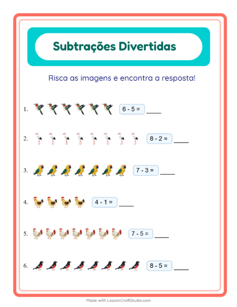 Pré-visualização da ficha de Subtração com Pássaros 2 para Educação infantil (pré-escola, 5-7 anos)