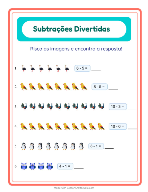 Pré-visualização da ficha de Subtração com Pássaros para Educação infantil (pré-escola, 5-7 anos)