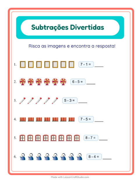Pré-visualização da ficha de Subtração com Pela casa para Educação infantil (pré-escola, 5-7 anos)
