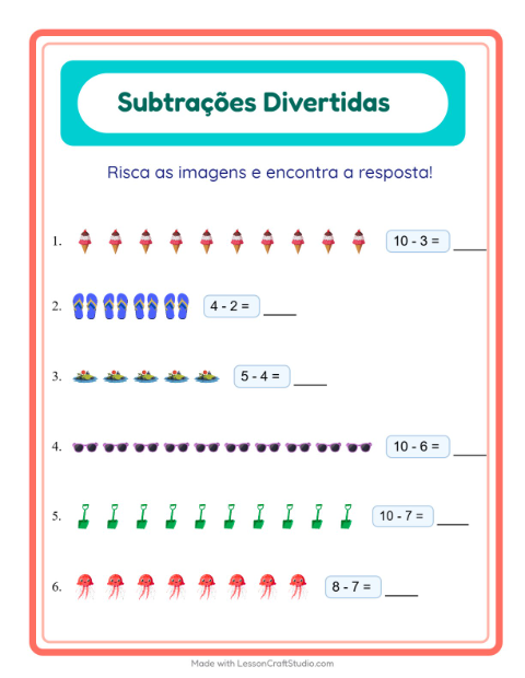 Pré-visualização da ficha de Subtração com Praia para Educação infantil (pré-escola, 5-7 anos)