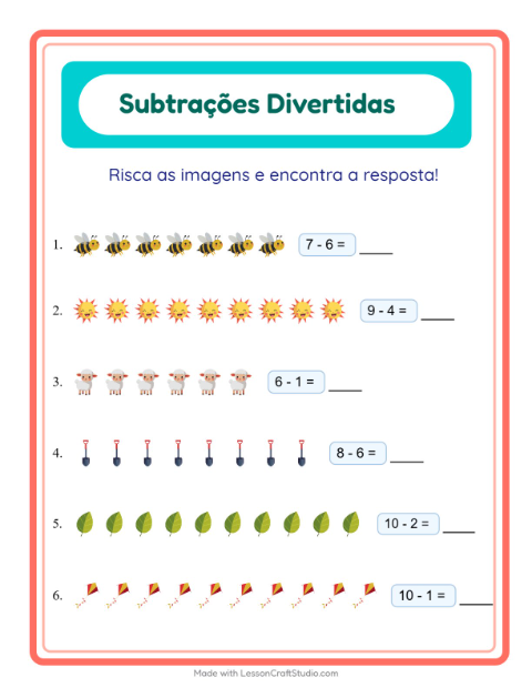 Pré-visualização da ficha de Subtração com Primavera para Educação infantil (pré-escola, 5-7 anos)