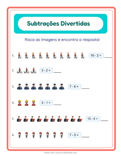Pré-visualização da ficha de Subtração com Profissões para Educação infantil (pré-escola, 5-7 anos)