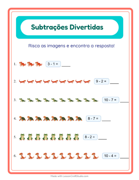 Pré-visualização da ficha de Subtração com Répteis e anfíbios para Educação infantil (pré-escola, 5-7 anos)