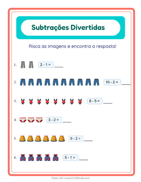 Pré-visualização da ficha de Subtração com Roupas para Educação infantil (pré-escola, 5-7 anos)