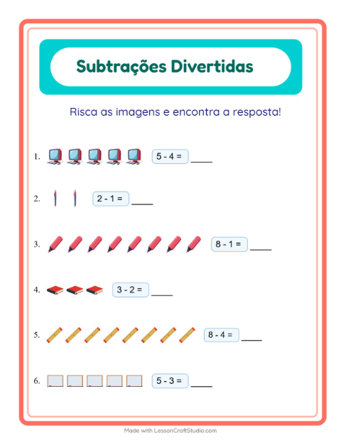 Pré-visualização da ficha de Subtração com Sala de aula para Educação infantil (pré-escola, 5-7 anos)
