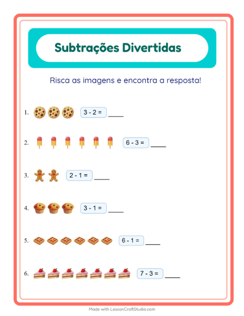 Pré-visualização da ficha de Subtração com Sobremesas e doces para Educação infantil (pré-escola, 5-7 anos)