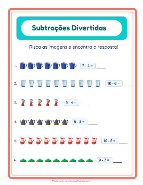 Pré-visualização da ficha de Subtração com Utensílios de cozinha para Educação infantil (pré-escola, 5-7 anos)
