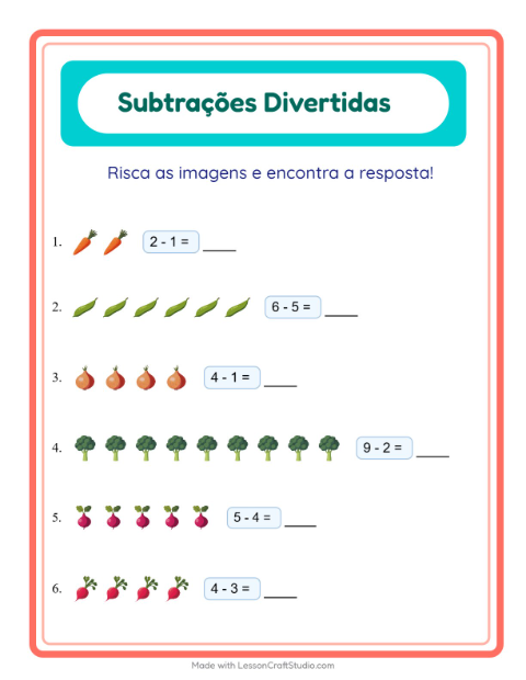 Pré-visualização da ficha de Subtração com Vegetais para Educação infantil (pré-escola, 5-7 anos)