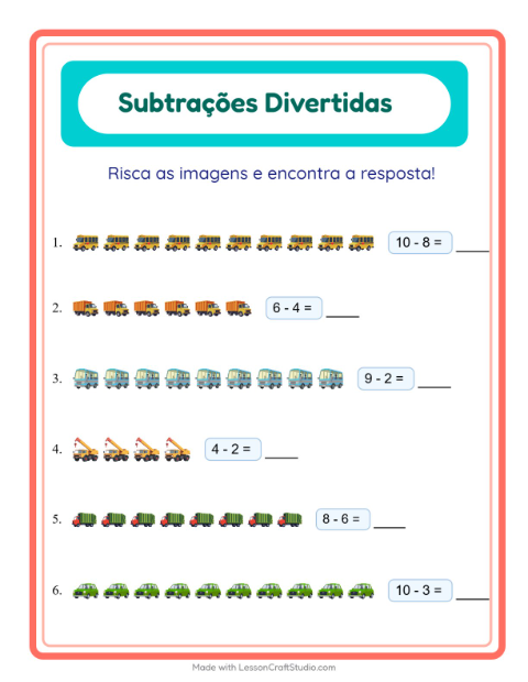 Pré-visualização da ficha de Subtração com Veículos para Educação infantil (pré-escola, 5-7 anos)