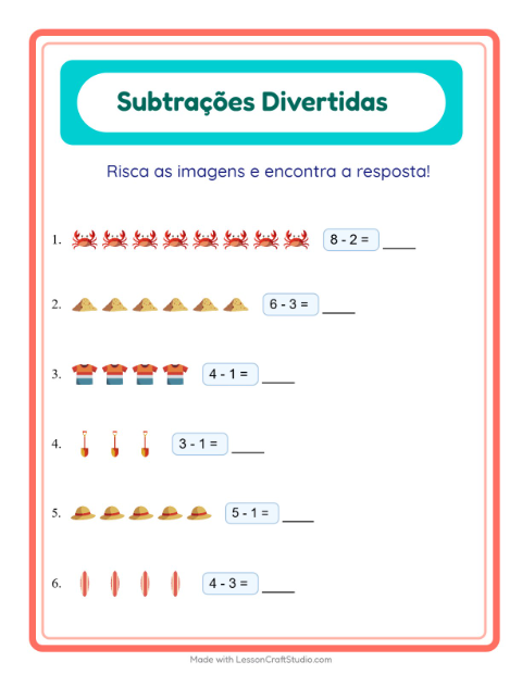 Pré-visualização da ficha de Subtração com Verão para Educação infantil (pré-escola, 5-7 anos)