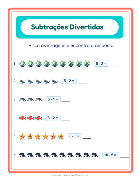 Pré-visualização da ficha de Subtração com Vida marinha para Educação infantil (pré-escola, 5-7 anos)
