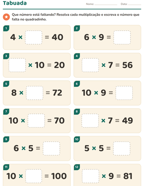 Pré-visualização da ficha de Tabuada para 3º ano do ensino fundamental