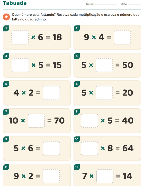 Pré-visualização da ficha de Tabuada para 3º ano do ensino fundamental