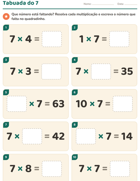 Pré-visualização da ficha de Tabuada para 3º ano do ensino fundamental