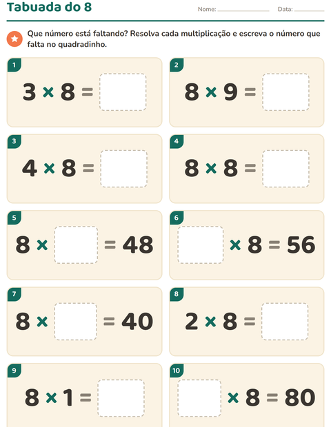 Pré-visualização da ficha de Tabuada para 3º ano do ensino fundamental