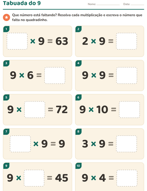 Pré-visualização da ficha de Tabuada para 3º ano do ensino fundamental