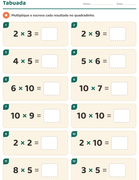Pré-visualização da ficha de Tabuada para 3º ano do ensino fundamental