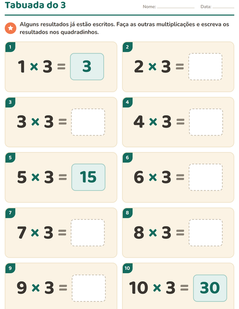 Pré-visualização da ficha de Tabuada para 3º ano do ensino fundamental