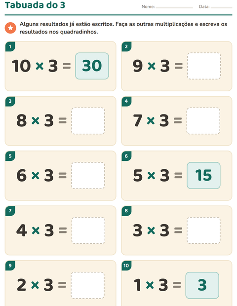 Pré-visualização da ficha de Tabuada para 3º ano do ensino fundamental