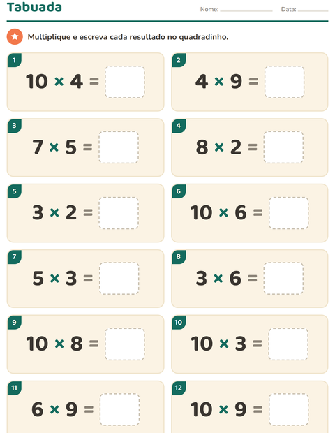 Pré-visualização da ficha de Tabuada para 3º ano do ensino fundamental