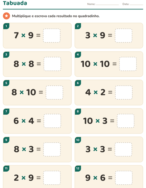 Pré-visualização da ficha de Tabuada para 3º ano do ensino fundamental