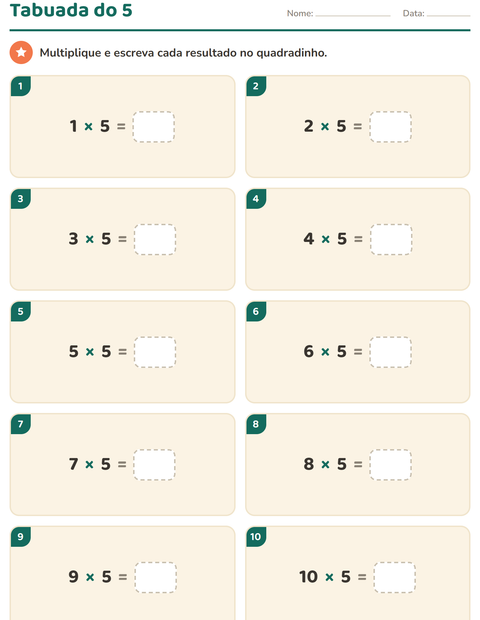 Tabuada do 5: de 1 × 5 a 10 × 5 para completar