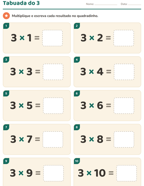 Pré-visualização da ficha de Tabuada para 3º ano do ensino fundamental
