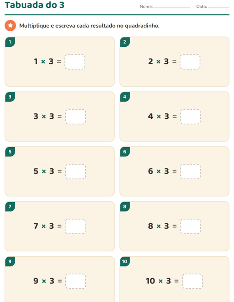 Tabuada do 3: de 1 × 3 a 10 × 3 para completar