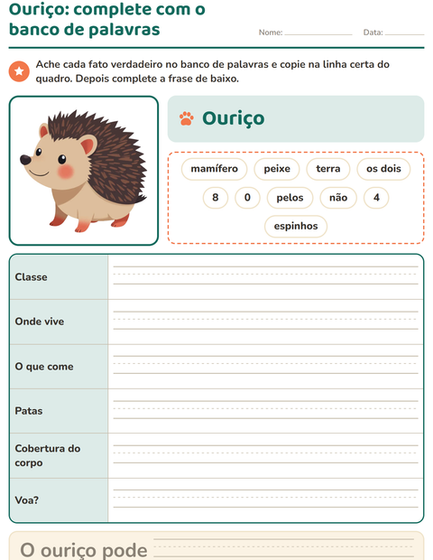 Prévia: Tudo sobre o animal: complete com o banco de palavras