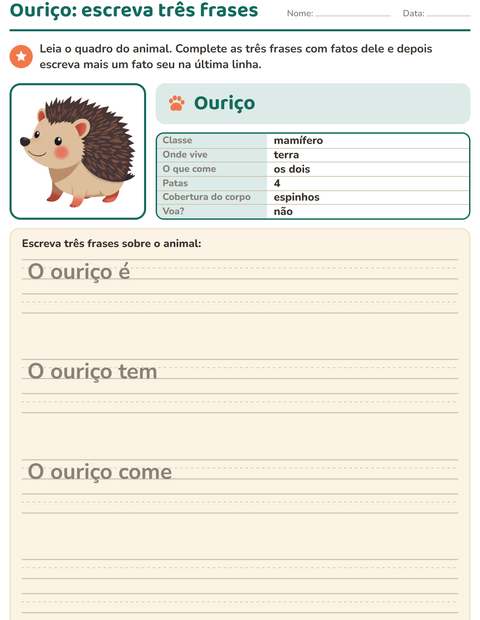 Tudo sobre o animal: escreva três frases