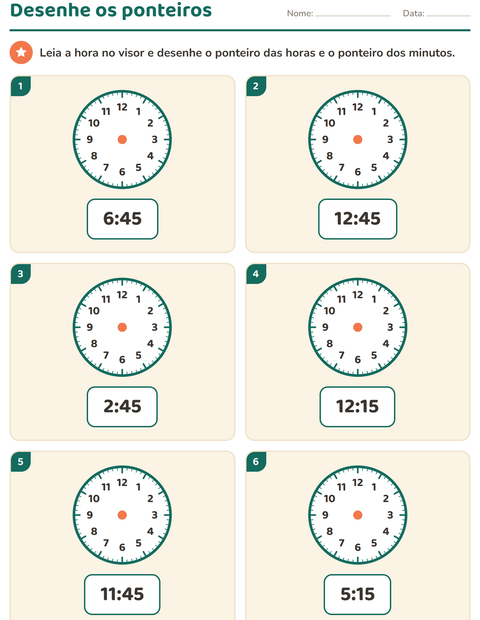Pré-visualização da ficha de Ver as horas para 1º ano do ensino fundamental