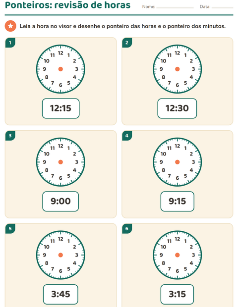 Pré-visualização da ficha de Ver as horas para 1º ano do ensino fundamental