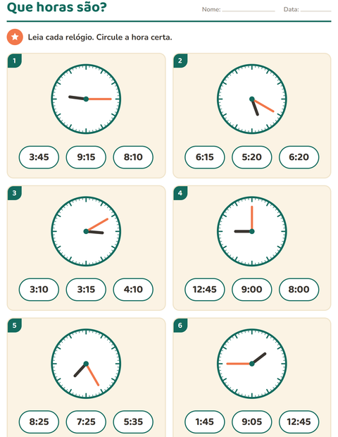 Pré-visualização da ficha de Ver as horas para 2º ano do ensino fundamental