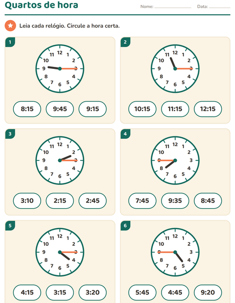 Pré-visualização da ficha de Ver as horas para 2º ano do ensino fundamental