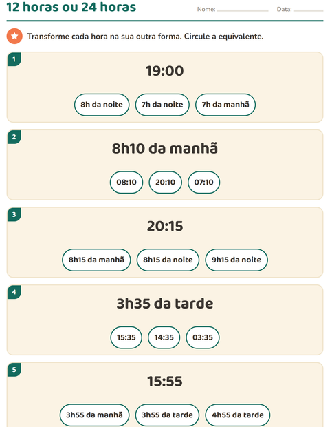 Pré-visualização da ficha de Ver as horas para 3º ano do ensino fundamental