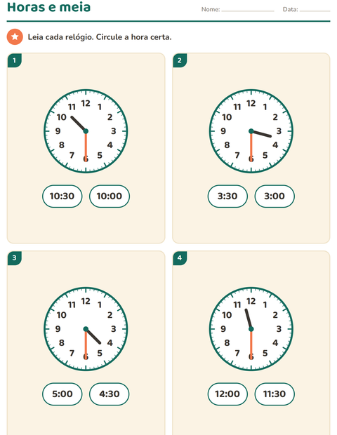 Pré-visualização da ficha de Ver as horas para 1º ano do ensino fundamental