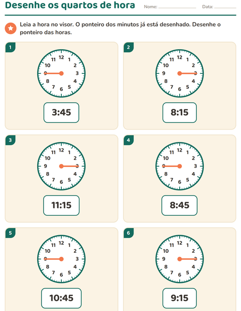 Pré-visualização da ficha de Ver as horas para 1º ano do ensino fundamental
