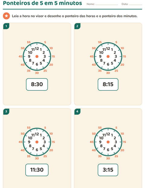 Pré-visualização da ficha de Ver as horas para 1º ano do ensino fundamental